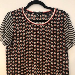 Sheer woven “tee” with pale blue and red flowers